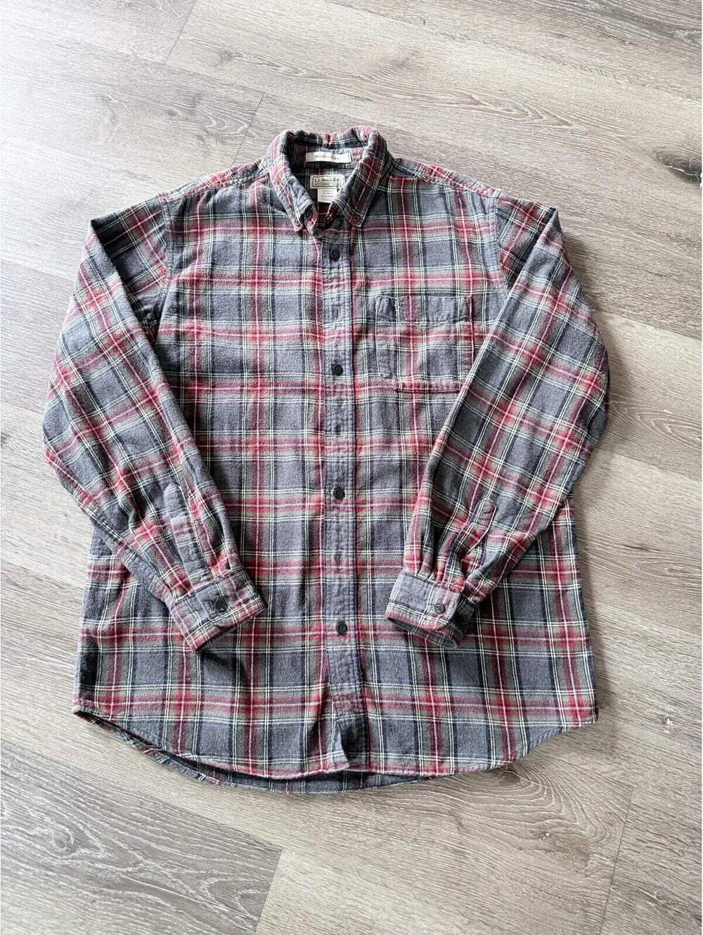 LL Bean Flannel Shirt Gray Red Plaid Traditional Fit Men’s Size Medium Tall